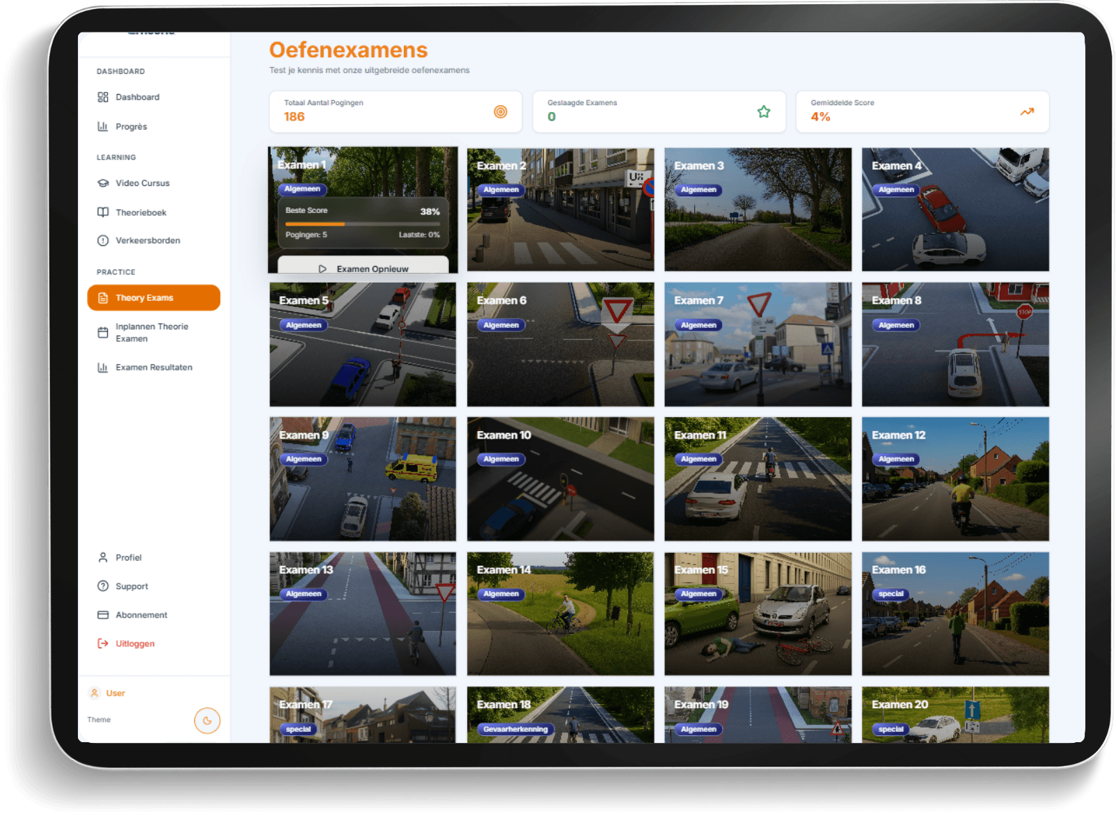 Online theorie-examen oefenen België - Dashboard met examenvragen