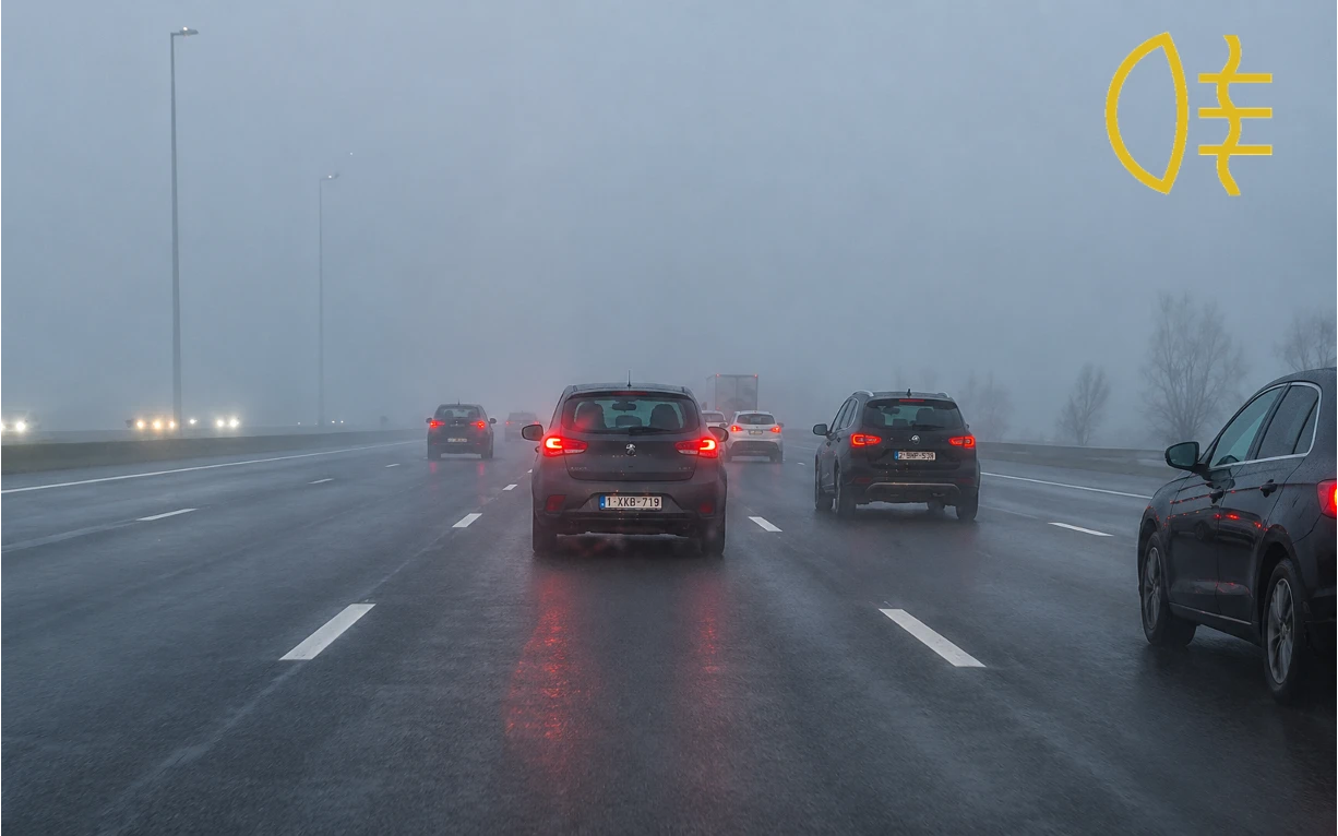 Verkeer in dichte mist op de snelweg