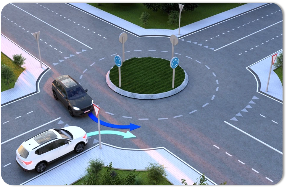 Auto's die de rotonde oprijden en verlaten met pijlen